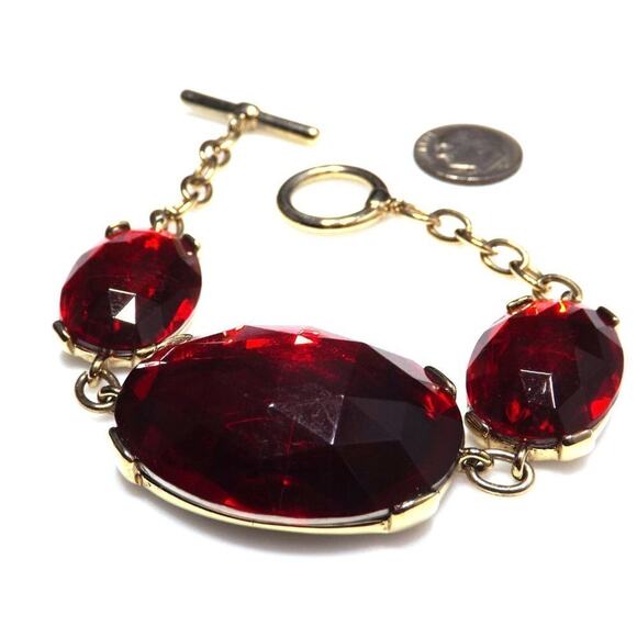 Liz Claiborne Red Faceted Glass Bracelet, Gold Tone Links, Toggle Clasp, 8 Inch - Picture 8 of 10